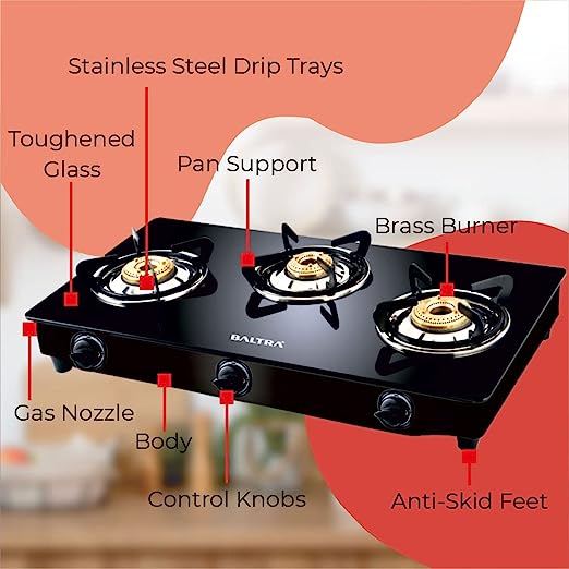 Baltra Glimmer Glass Top Gas Stove 3 Brass Burner Manual Ignition, Black (ISI Certified 2 year warranty with Doorstep Service) Baltra Glimmer Glass Top Gas Stove 3 Brass Burner Manual Ignition, Black (ISI Certified 2 year warranty with Doorstep Service)
